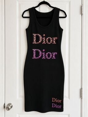 Black Sleeveless Logo Midi Dress with Rose Gold and Purple Accents